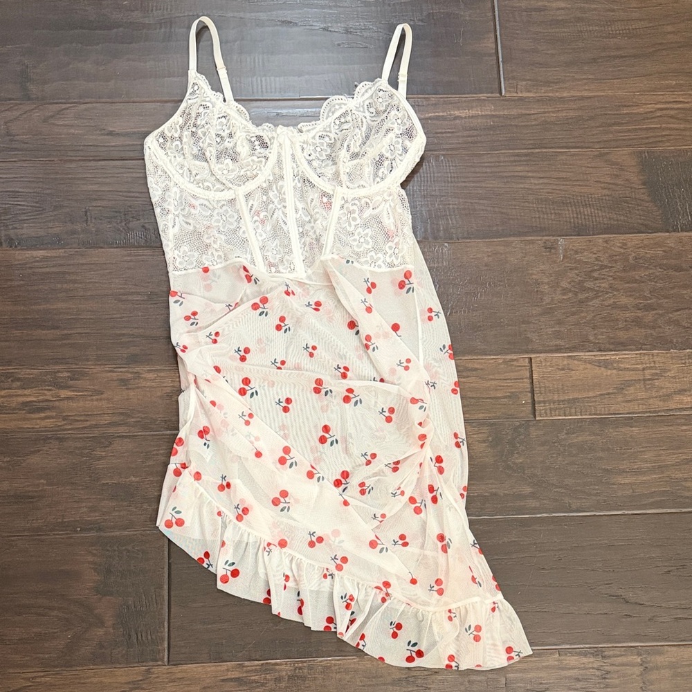 Cherries nightgown  Lace Trim Chemise Asymmetrical